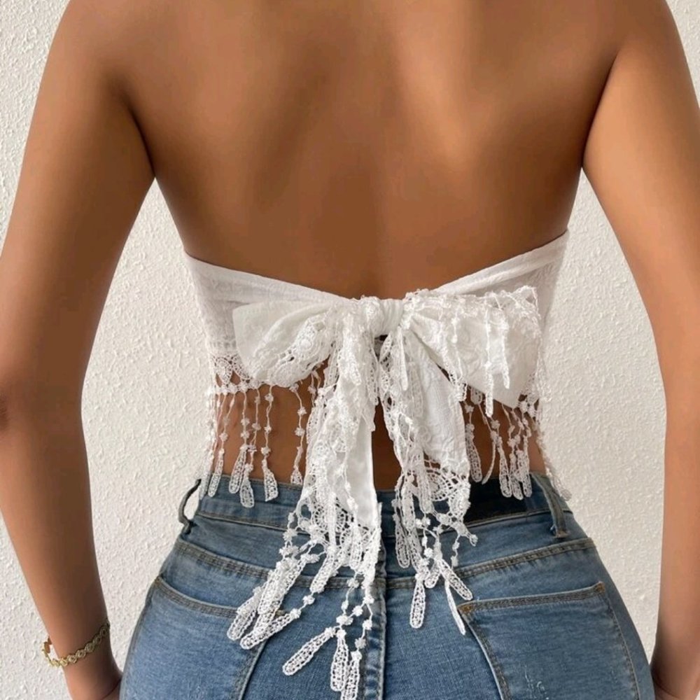 White Lace Fince Hinge Tie Back Crop Top - Picture 6 of 6